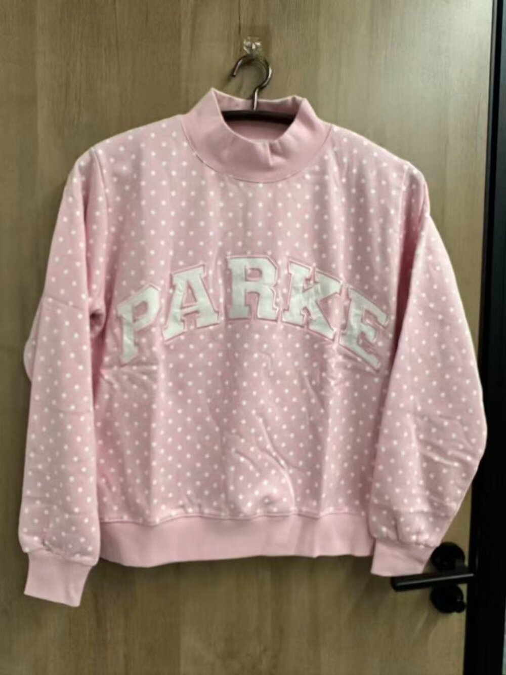Parke Pink Polka Dot Mock Neck Embroidered Logo Relaxed Fit Sweatshirt